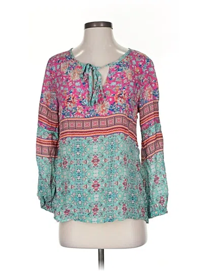 Pre-owned Tolani 3/4 Sleeve Silk Top Teal Keyhole Neckline Tops In Blue