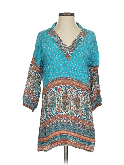 Pre-owned Tolani 3/4 Sleeve Silk Top Teal V Neck Tops In Blue