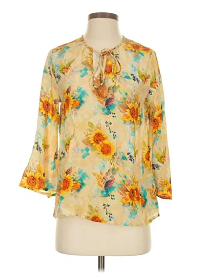 Pre-owned Tolani 3/4 Sleeve Silk Top Yellow Floral Pattern Tie Neck Tops