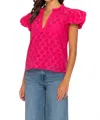 Tolani Eyelet Short Sleeve Top In Magenta In Multi
