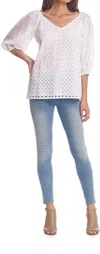 TOLANI BETTY ROUCHED SHOULDER TOP IN WHITE EYELET