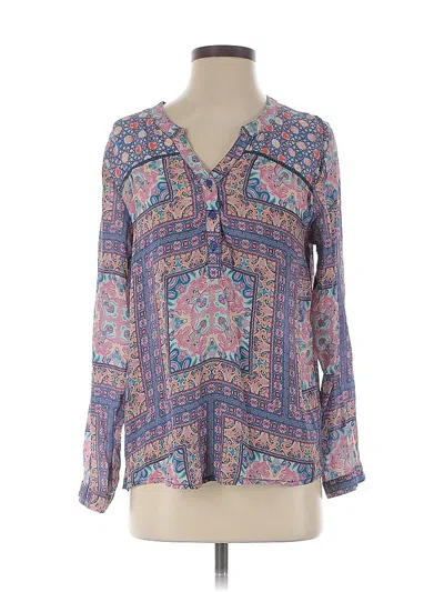 Pre-owned Tolani Long Sleeve Silk Top Blue Plunge Neckline Tops