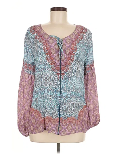 Pre-owned Tolani Long Sleeve Silk Top Blue Plunge Neckline Tops