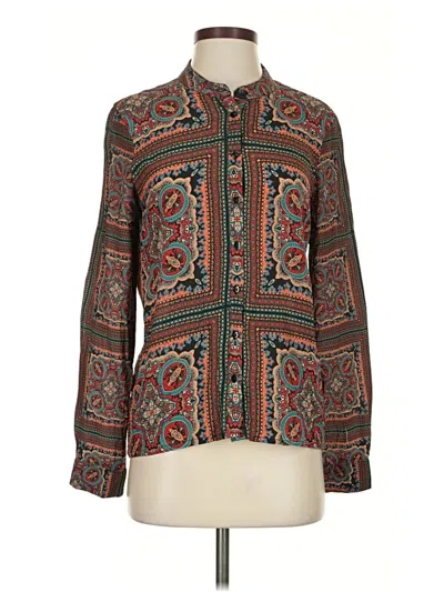 Pre-owned Tolani Long Sleeve Silk Top Brown Paisley Pattern Mock Neckline Tops
