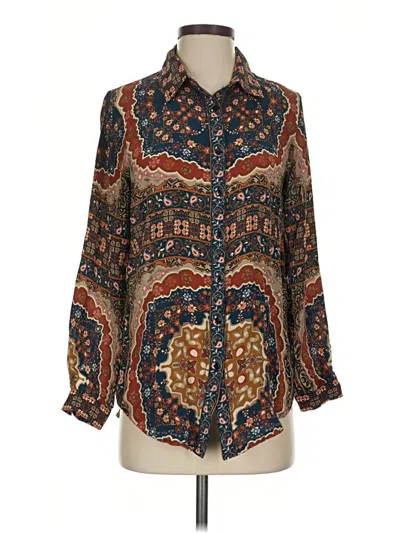 Pre-owned Tolani Long Sleeve Silk Top Brown Paisley Pattern Tie Neck Tops