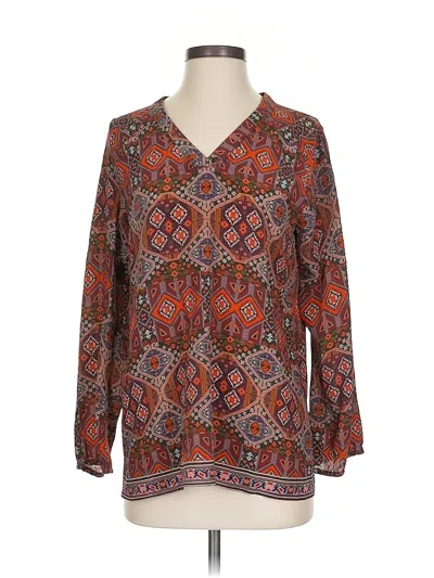 Pre-owned Tolani Long Sleeve Silk Top Brown V Neck Tops