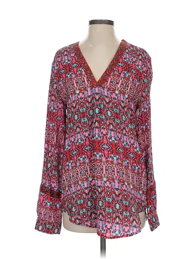 Pre-owned Tolani Long Sleeve Silk Top Red V Neck Tops