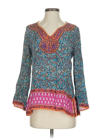 Pre-owned Tolani Long Sleeve Silk Top Teal V Neck Tops In Blue