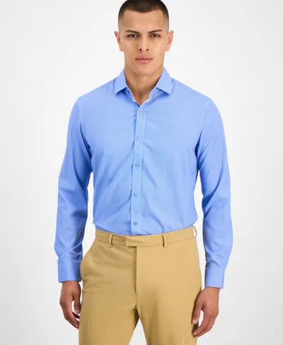Tom Baine Men's Slim-fit Performance Four-way Stretch Mini Plaid Dress Shirt In Blue