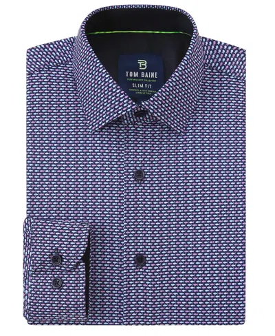 Tom Baine Men's Slim Fit Performance Long Sleeve Printed Dress Shirt In Navy Fish