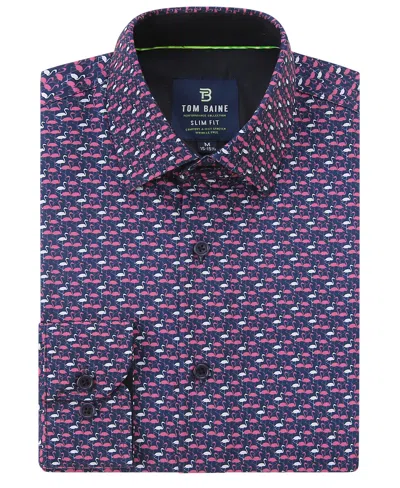 Tom Baine Men's Slim Fit Performance Long Sleeve Printed Dress Shirt In Navy Flamingo