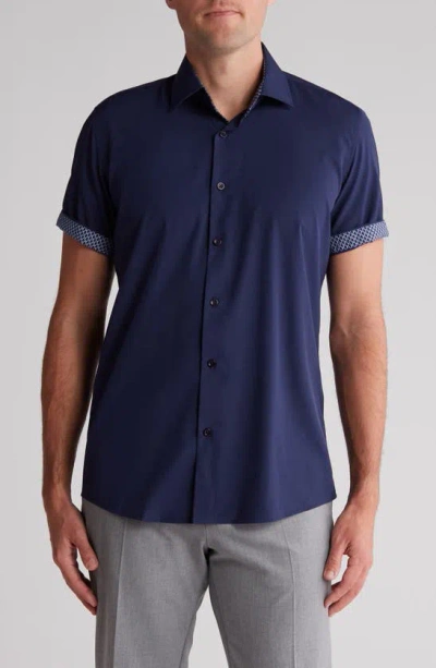 Tom Baine Slim Fit Performance Short Sleeve Button-up Shirt In Navy