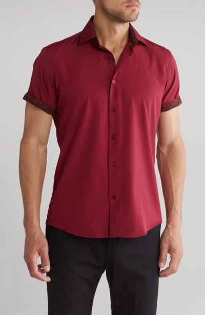 Tom Baine Slim Fit Performance Stretch Short Sleeve Button-up Shirt In Burgundy