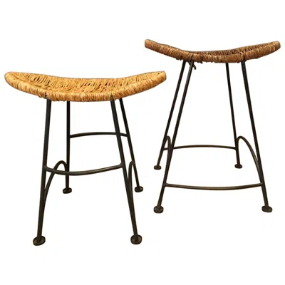 Pre-owned Tom Dixon 1980  Pair Of Burnished Iron And Raffia Stools In Sand