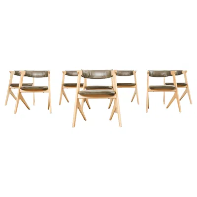 Pre-owned Tom Dixon Set Eight  Oak Leather Slab Dining Chairs In Brown