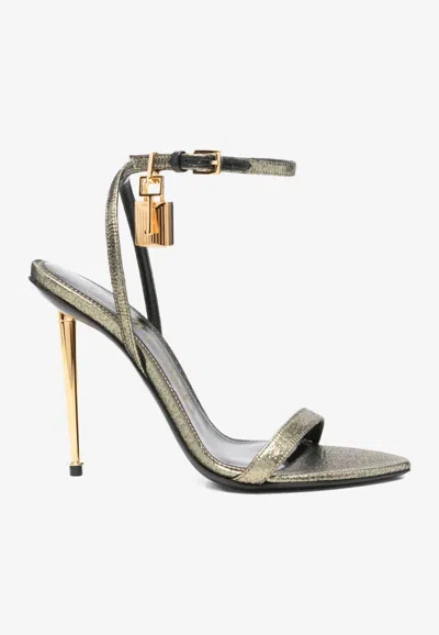 Tom Ford 105 Hammered-effect Fabric Padlock Pointy Sandals In Gold