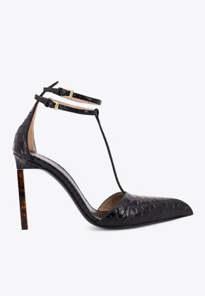 Tom Ford 105 T-strap Python Print Leather Pumps In Black