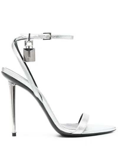 Tom Ford 85 Padlock Leather Sandals In Silver