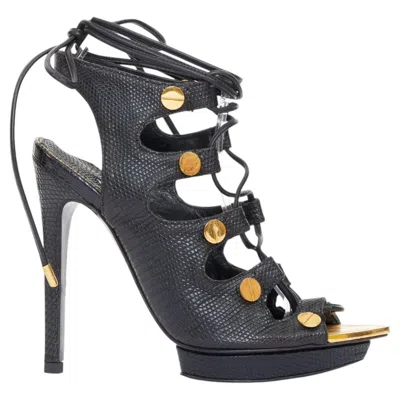 Pre-owned Tom Ford 2012 Runway Black Lizard Effect Gold Stud Lace Up Platform Sandals Eu35