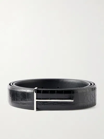 Tom Ford Tumbled Soft Printed Croc Reversible Slim T Belt In Black