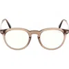 Tom Ford 49mm Round Blue Light Blocking Optical Glasses In Brown Rose Gold/t Logo