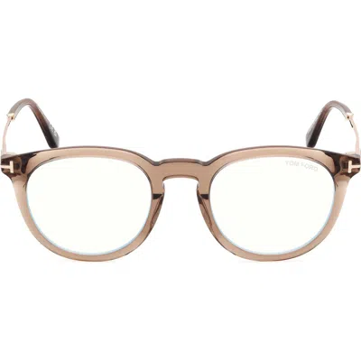 Tom Ford 49mm Round Blue Light Blocking Optical Glasses In Brown Rose Gold/t Logo