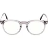 Tom Ford 49mm Round Blue Light Blocking Optical Glasses In Grey Palladium/t Logo
