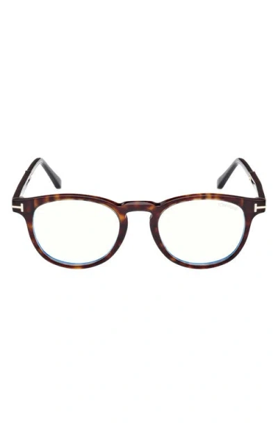 Tom Ford 49mm Round Blue Light Blocking Optical Glasses In Havana Rose Gold/t Logo
