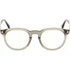 Tom Ford 49mm Round Blue Light Blocking Optical Glasses In Olive/palladium/t Logo