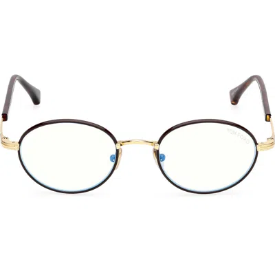 Tom Ford 49mm Round Blue Light Blocking Optical Glasses In Yellow Gold/brown/t Logo
