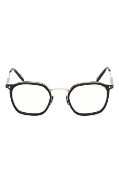 Tom Ford 50mm Round Blue Light Blocking Glasses In Black/rose Gold/havana