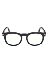 Tom Ford 50mm Small Round Blue Light Blocking Glasses In Black/white Eco/t Logo