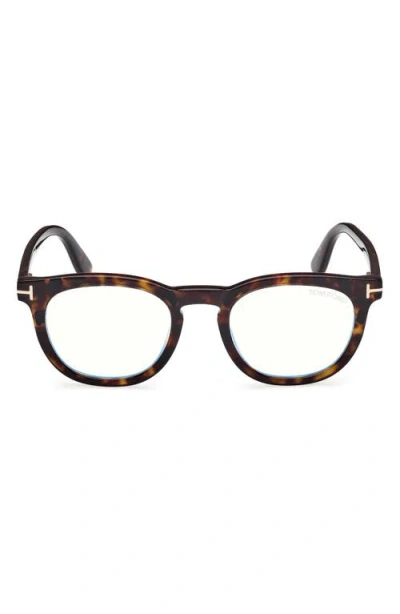 Tom Ford 50mm Small Round Blue Light Blocking Glasses In Havana Eco/t Logo