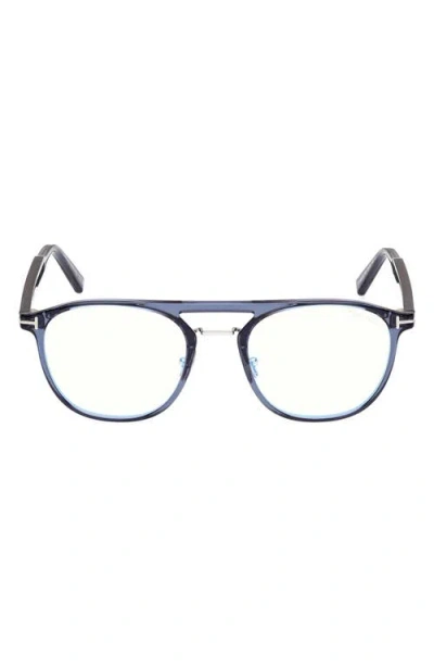 Tom Ford 52mm Pilot Blue Light Blocking Glasses In Blue/t Logo/blue Block