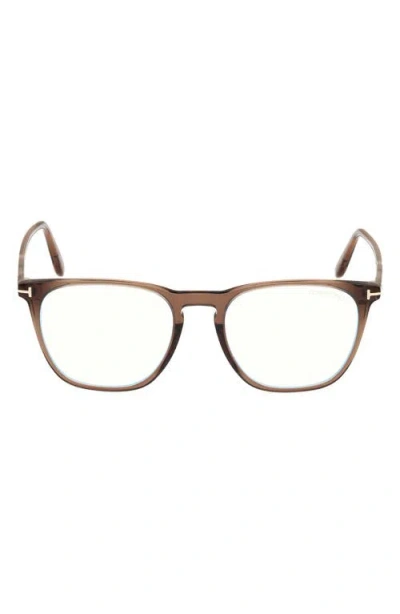 Tom Ford 52mm Round Blue Light Blocking Optical Glasses In Brown/t Logo/blue Block
