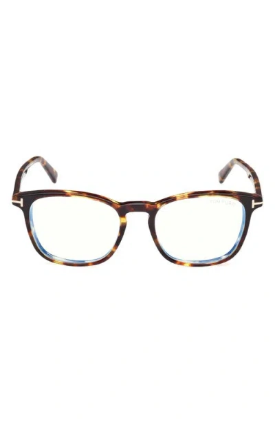 Tom Ford 52mm Square Optical Glasses In Havana/t Logo/blue Block