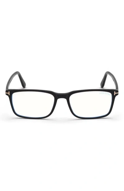 Tom Ford 54mm Rectangular Blue Light Blocking Glasses In Black Rose Gold/t Logo