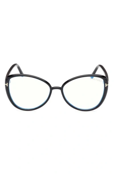 Tom Ford 55mm Butterfly Blue Light Blocking Optical Glasses In Black/t Logo/blue Block