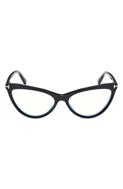 Tom Ford 56mm Cat Eye Blue Light Blocking Optical Glasses In Black Rose Gold/t Logo