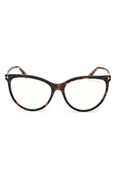 Tom Ford 56mm Cat Eye Blue Light Blocking Optical Glasses In Havana/t Logo/blue Block
