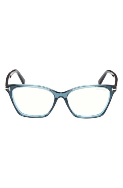 Tom Ford 56mm Cat Eye Blue Light Blocking Optical Glasses In Teal/t Logo/blue Block
