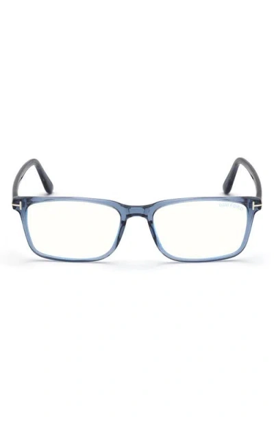 Tom Ford 56mm Rectangular Blue Light Blocking Optical Glasses In Blue Palladium/t Logo
