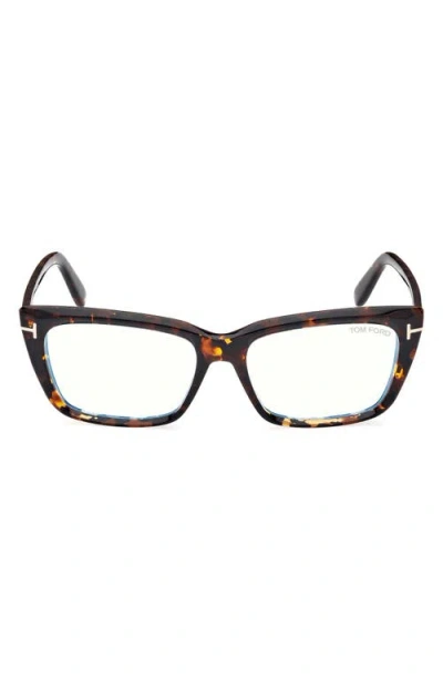 Tom Ford 56mm Square Blue Light Blocking Glasses In Caramel Brown Havana Rose Gold
