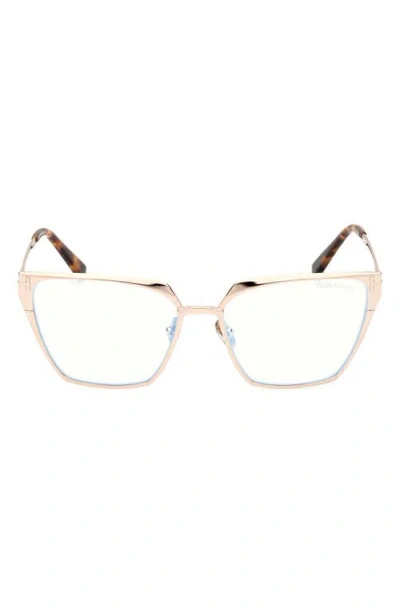 Tom Ford 56mm Square Blue Light Blocking Optical Glasses In Rose Gold Havana/t Logo