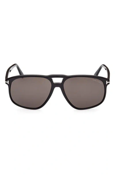Tom Ford 58mm Navigator Sunglasses In Shiny Black / Smoke