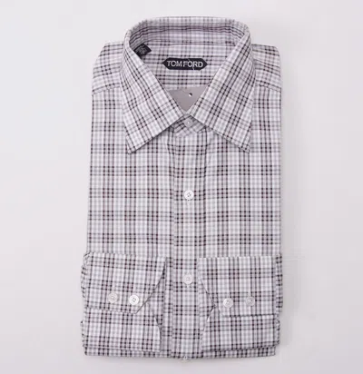 Pre-owned Tom Ford $635  Brown-white Plaid Check Cotton Dress Shirt 15.75 Classic-fit