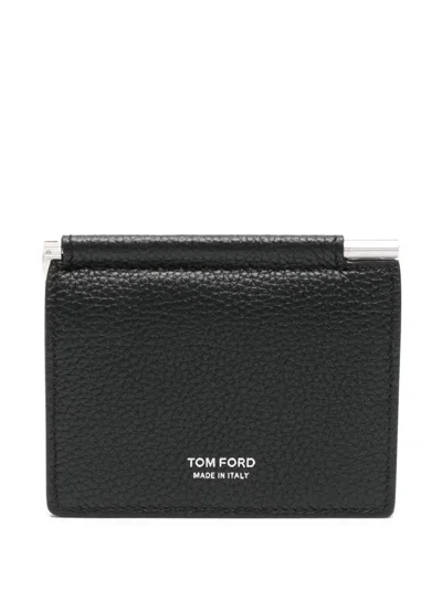 Tom Ford Soft Grain Leather T Line Folding Money Clip Card Holder In White
