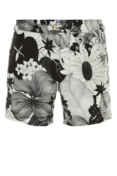 Tom Ford Allover Floral Print Swim Shorts In Black/neutrals