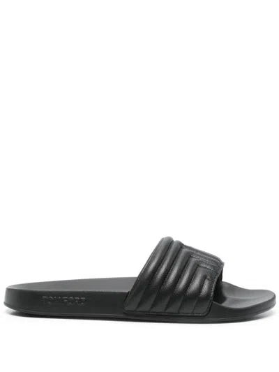 Tom Ford Almond Open Toe Leather Slippers In Black