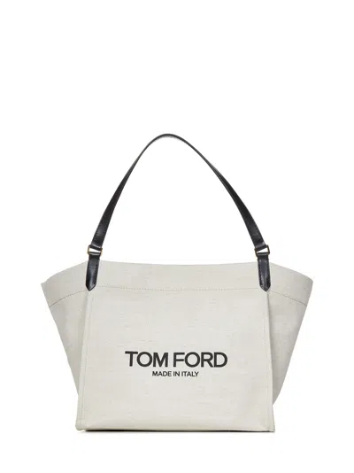 Tom Ford Canvas And Leather Medium Tote Bag In Beige